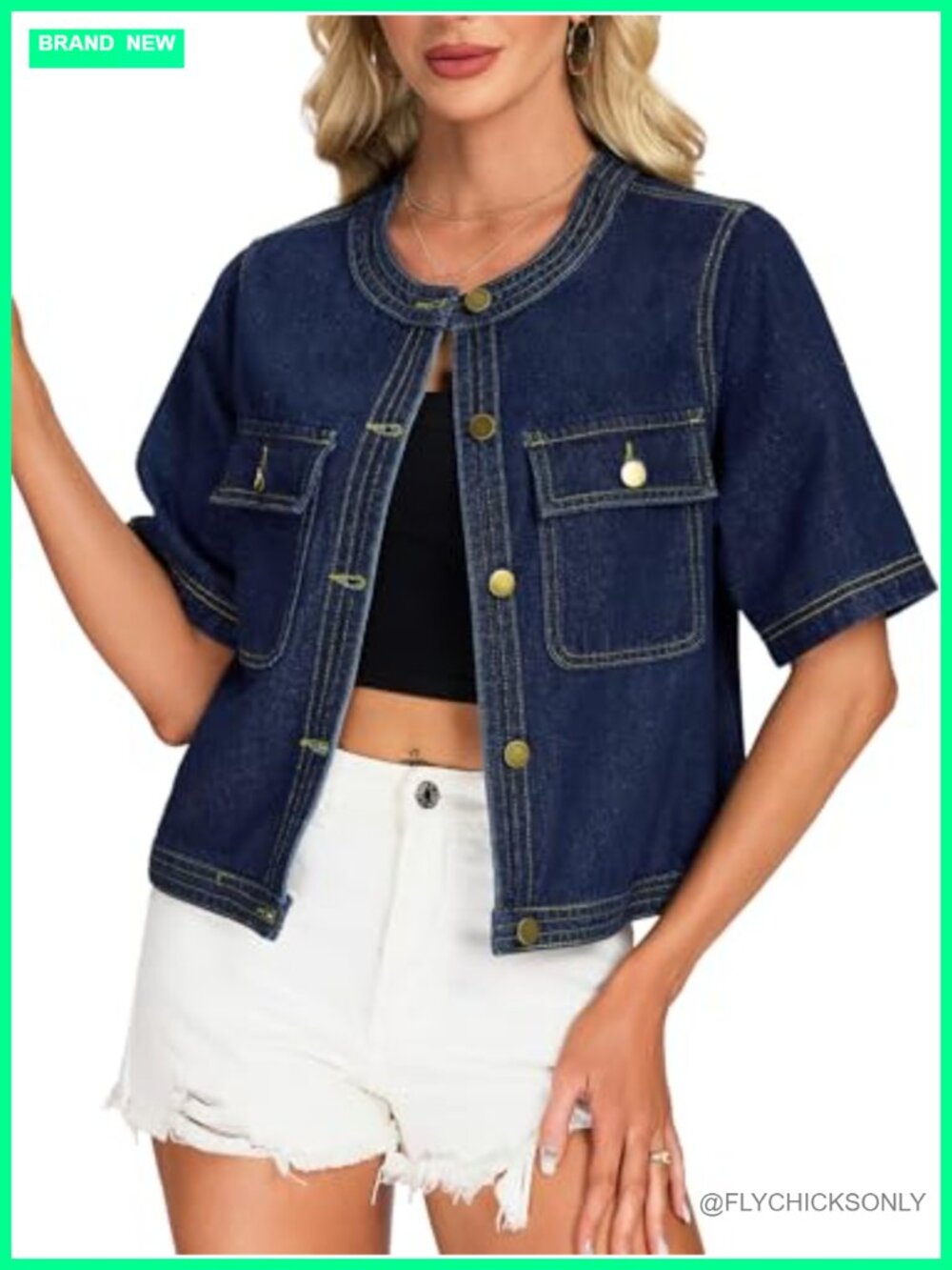 LifeShe Women Short Sleeve Cropped Denim Jacket Collarless Jean Jacket